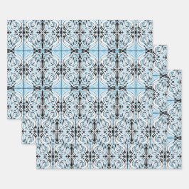 青い白黒カーリー抽象芸術繰り返しパターン ラッピングペーパーシート