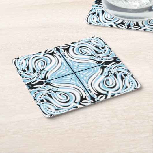 青い白黒曲線抽象芸術パターン スクエアペーパーコースター (アングル)