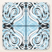 青い白黒曲線抽象芸術パターン スクエアペーパーコースター (正面)