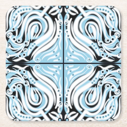 青い白黒曲線抽象芸術パターン スクエアペーパーコースター (正面)