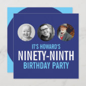 青い白99thの写真の誕生日カスタム3枚 招待状 (正面/裏面)