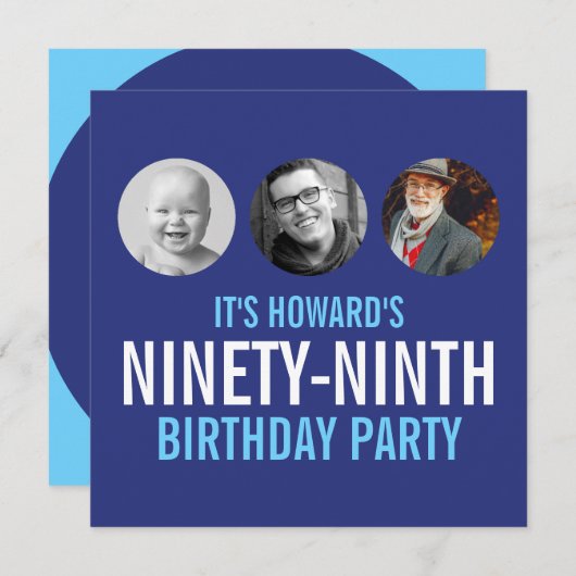 青い白99thの写真の誕生日カスタム3枚 招待状 (正面/裏面)