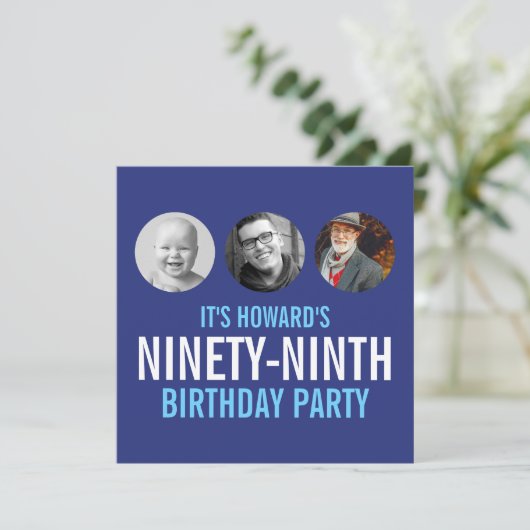 青い白99thの写真の誕生日カスタム3枚 招待状 (スタンド正面)