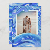 青い白Painterly Waveクリスマスファミリー写真 シーズンカード (正面/裏面)