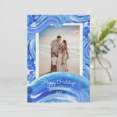 青い白Painterly Waveクリスマスファミリー写真 シーズンカード (スタンド正面)