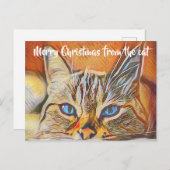 青い目かわいらしの猫アートメリークリスマスグリーティング ポストカード (正面/裏面)