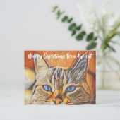 青い目かわいらしの猫アートメリークリスマスグリーティング ポストカード (スタンド正面)