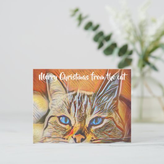 青い目かわいらしの猫アートメリークリスマスグリーティング ポストカード (スタンド正面)