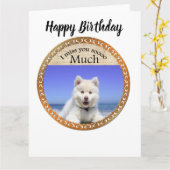 青い目がビーチに座って可愛いハスキー カード (黄色い花)