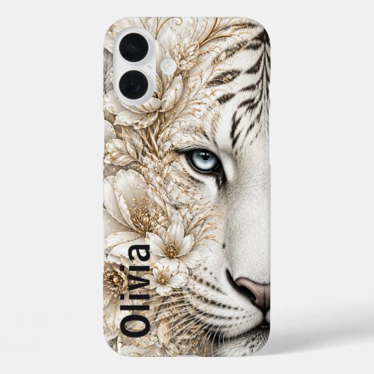 青い目が印象的なホワイトタイガーのフラワーモチーフアート Case-Mate iPhoneケース (裏面)