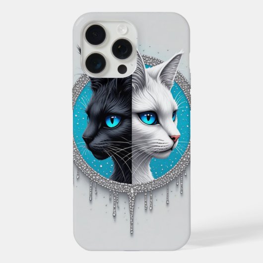 青い目が印象的な白黒猫のスプリットポートレート iPhoneケース (裏面)