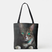 青い目とマッチングカラーのグレーと白の猫 トートバッグ (裏面)