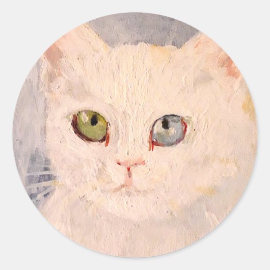青い目と緑の目を持つ白いクラシック子猫 ラウンドシール (正面)