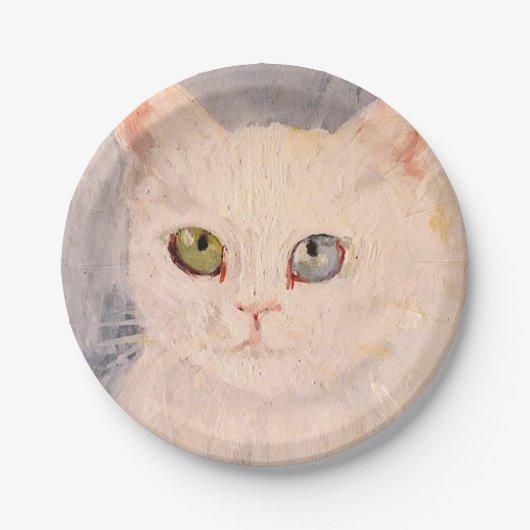 青い目と緑の目を持つ白い子猫紙Pla ペーパープレート (正面)