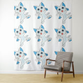 青い目と耳の可愛いジャンプ光シアンの子猫 タペストリー (インサイチュ)