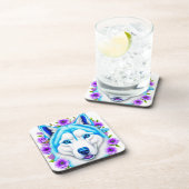 青い目と花を持つハスキー犬 コースター (右側)