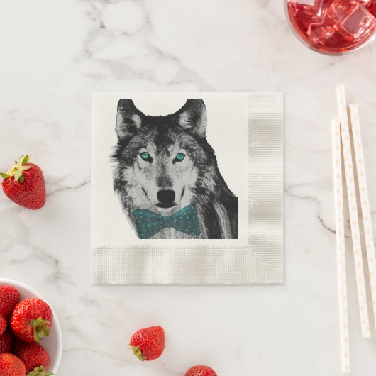 青い目と蝶ネクタイをしたオオカミ 縁ありカクテルナプキン (インサイチュ)