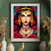 青い目と赤いバラの神秘的な女性 ポスター