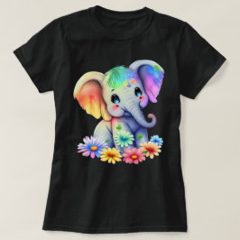 青い目のかわいい虹色の子象グラフィック Tシャツ