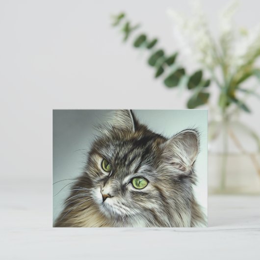 青い目のふわふわした猫油絵 ポストカード (スタンド正面)