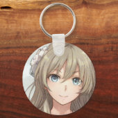 青い目のキーチェーンを持つアニメの茶色い髪の女の子 キーホルダー (正面)