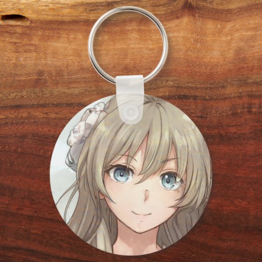 青い目のキーチェーンを持つアニメの茶色い髪の女の子 キーホルダー (正面)