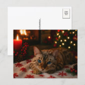 青い目のクリスマス猫のはがき　暖炉のある部屋 ポストカード (正面/裏面)