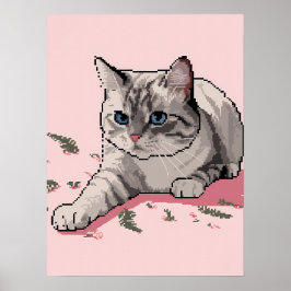 青い目のグレーなラグドールキャットのピクセルアート ポスター