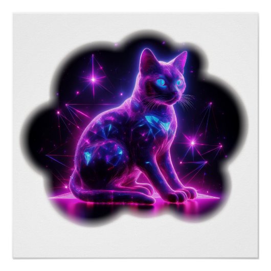 青い目のシャム猫とスターバーストのネオンパープル ポスター (正面)