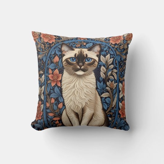青い目のシャム猫ウィリアム・モリスインスパイア クッション (正面)