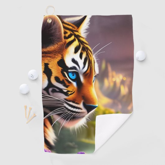 青い目のタイガーカッブと紫の花 ゴルフタオル (インサイチュ)