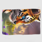 青い目のタイガーカッブと紫の花 ゴルフタオル (横)