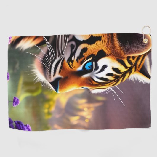 青い目のタイガーカッブと紫の花 ゴルフタオル (横)
