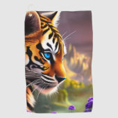 青い目のタイガーカッブと紫の花 ゴルフタオル (正面)