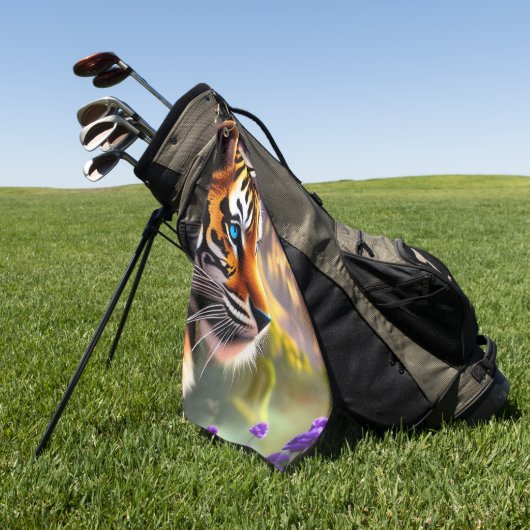 青い目のタイガーカッブと紫の花 ゴルフタオル (グリーン)