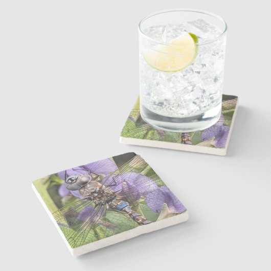 青い目のダーナトンボ紫色の花 ストーンコースター (横)