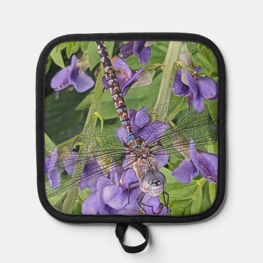 青い目のダーナトンボ紫色の花 鍋敷き (正面)