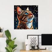 青い目のトラ猫が星空を眺める ポスター (ホームオフィス)
