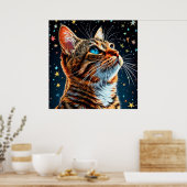 青い目のトラ猫が星空を眺める ポスター (キッチン)