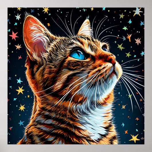 青い目のトラ猫が星空を眺める ポスター (正面)