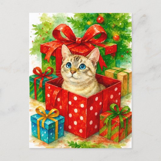 青い目のネコのクリスマスサプライズ ポストカード (正面)