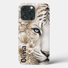 青い目のホワイトタイガー フローラルアート iPhone 13 PROケース