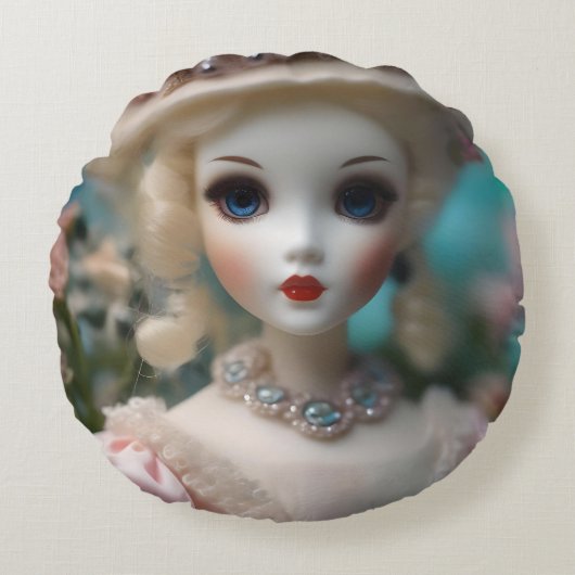 青い目のヴィンテージ人形 ラウンドクッション (正面)