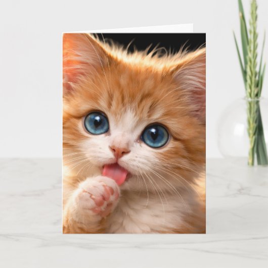 青い目の仔猫の前足ペロペロ カード (正面)