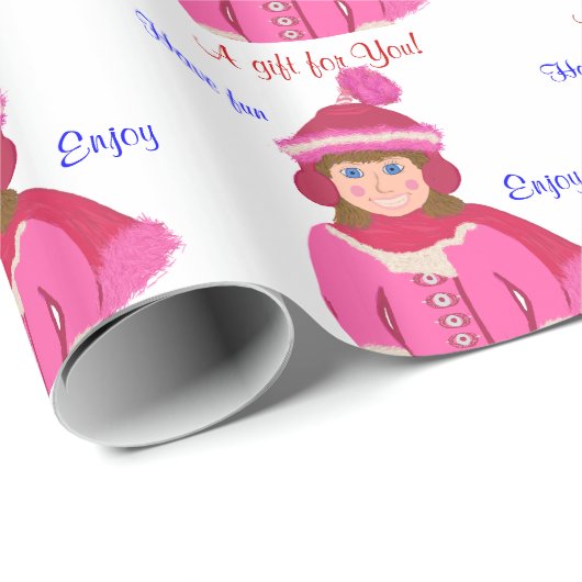 青い目の女の子、ピンクの冬の帽子の贈り物 ラッピングペーパー (ロールコーナー)
