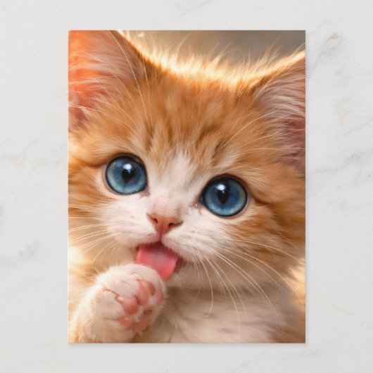 青い目の子猫の前足をペロペロ ポストカード (正面)