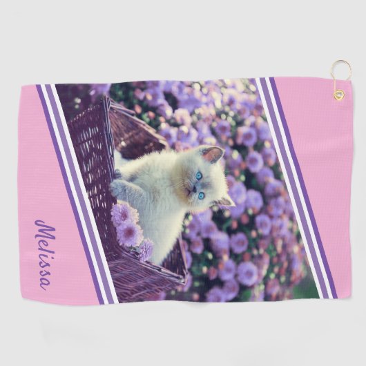青い目の子猫ベビーの花パーソナライズされた猫 ゴルフタオル (横)