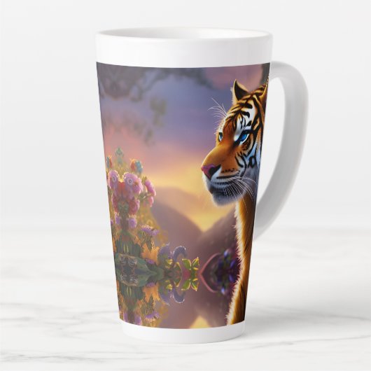 青い目の虎とピンクの花 カフェラテマグ (右アングル)