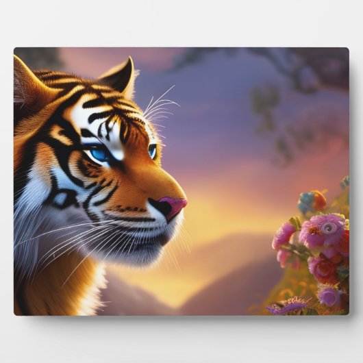 青い目の虎とピンクの花 フォトプラーク (正面)