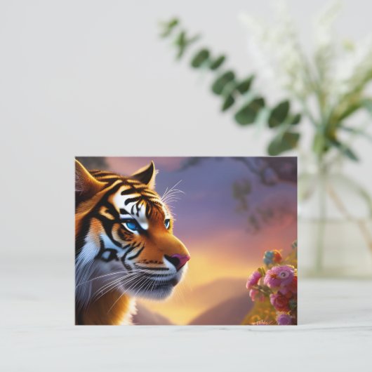 青い目の虎とピンクの花 ポストカード (スタンド正面)